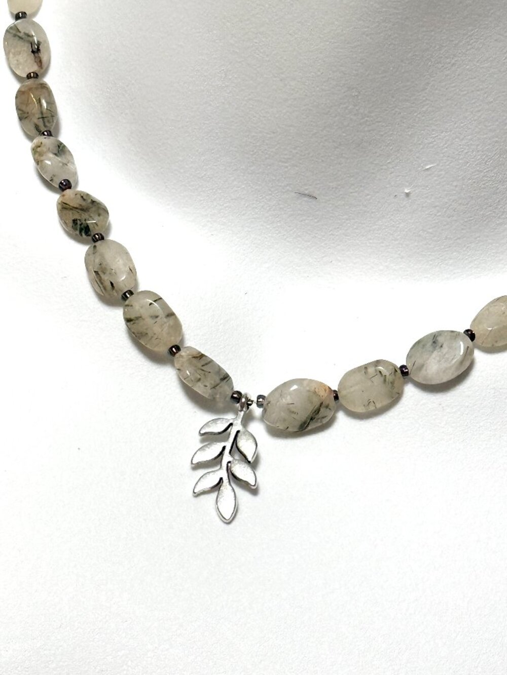 Tourmalinated Quartz Short Necklace, Gemstone & Silver Leaf Branch Pendant